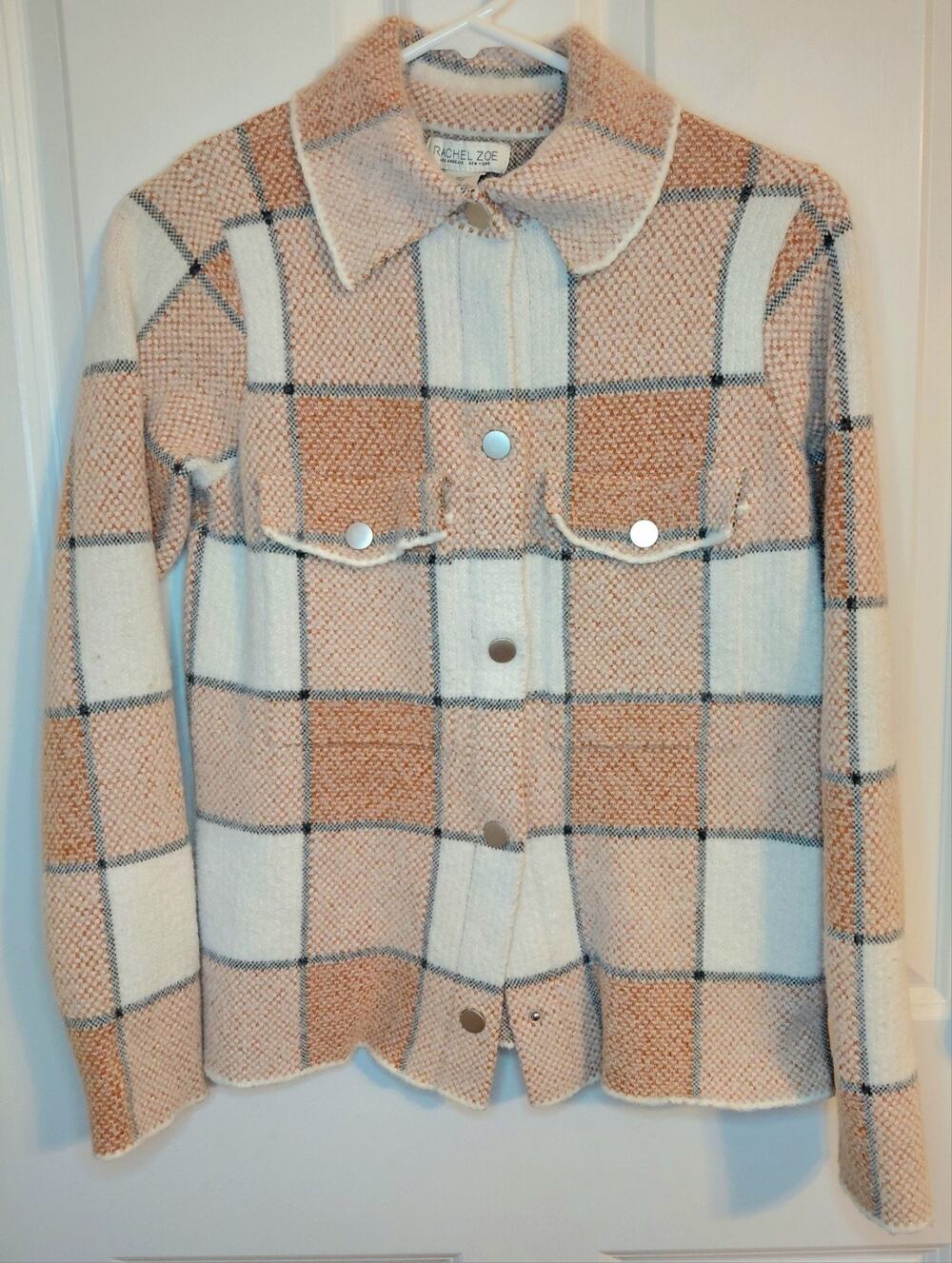 Rachel Zoe Plaid Knit Shacket Jacket Tan Cream Slim Stretch Med Cabincore Cozy